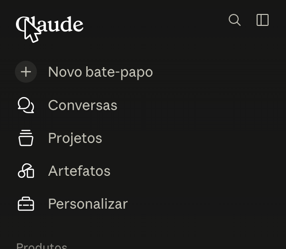 Menu lateral do Claude com a seção Projetos