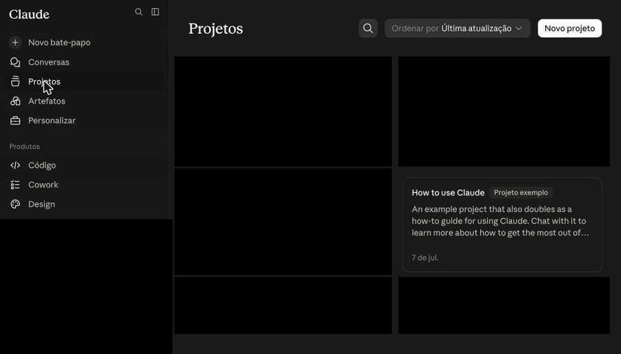 Tela de Projetos com o botão Novo projeto