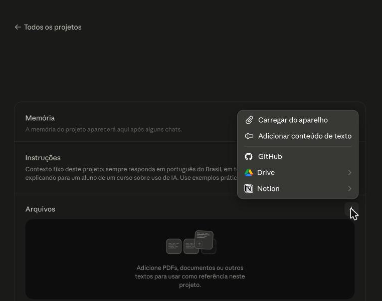 Menu de opções para anexar arquivo ao projeto