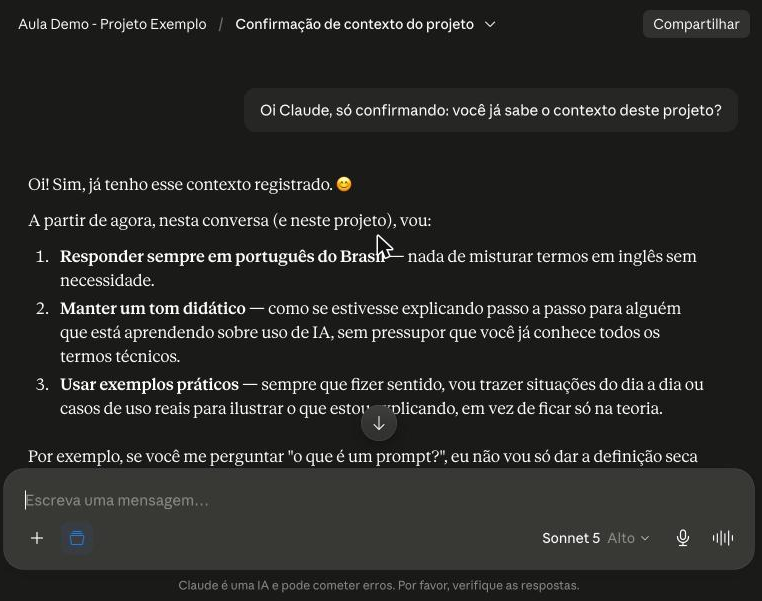 Conversa confirmando que o Claude já sabe o contexto do projeto